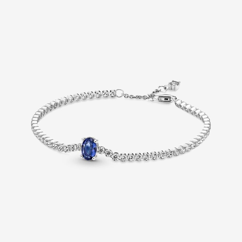 Pandora Sølv tennis armbånd m. Prinsess blue crystal og clear cubic zirconia