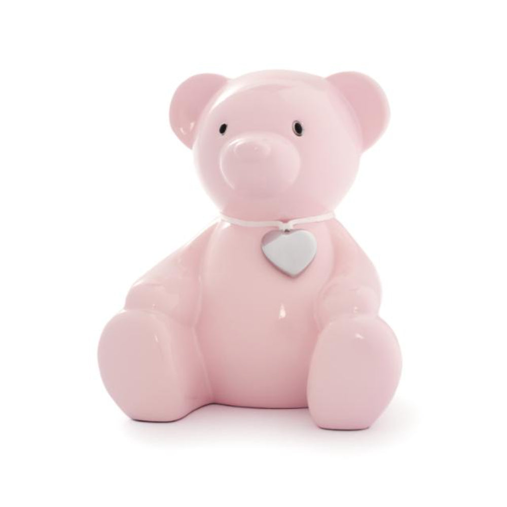 Sparbøsse lyserød bamse m. graveringplade
