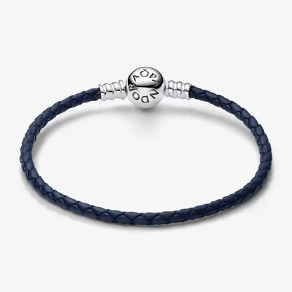 Pandora Moments Blå Flettede læderarmbånd med rund lås