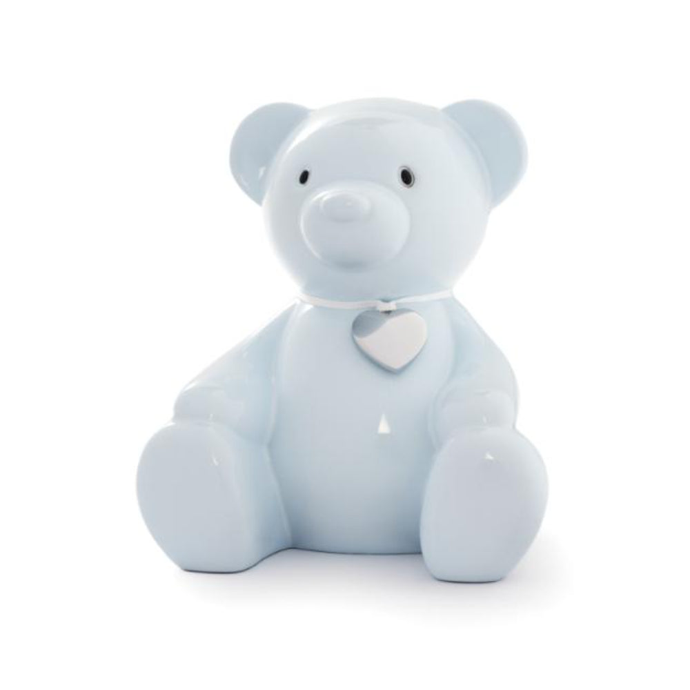 Sparebøsse lyseblå bamse m. graveringsplade